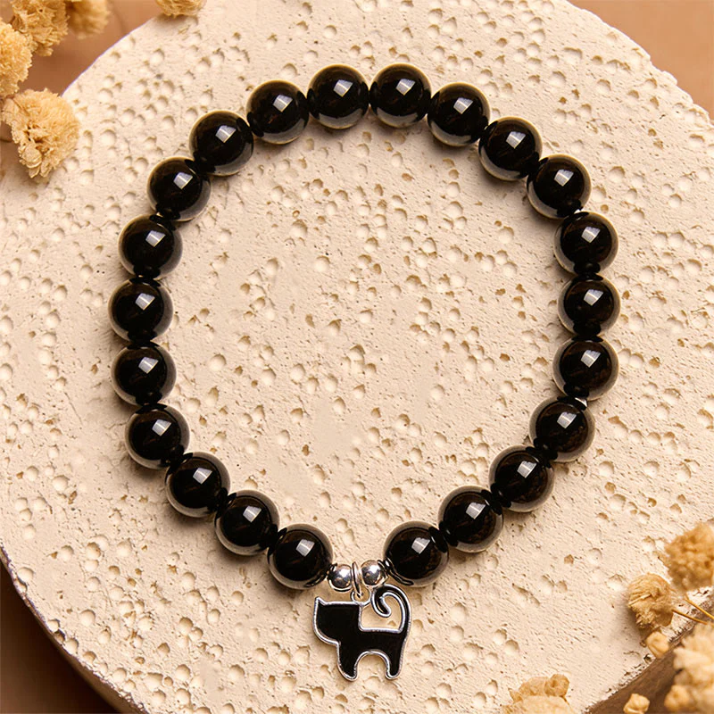 Buddha Stones 925 Sterling Silver Kitten Charm Black Cat Natural Black Onyx Protection Bracelet