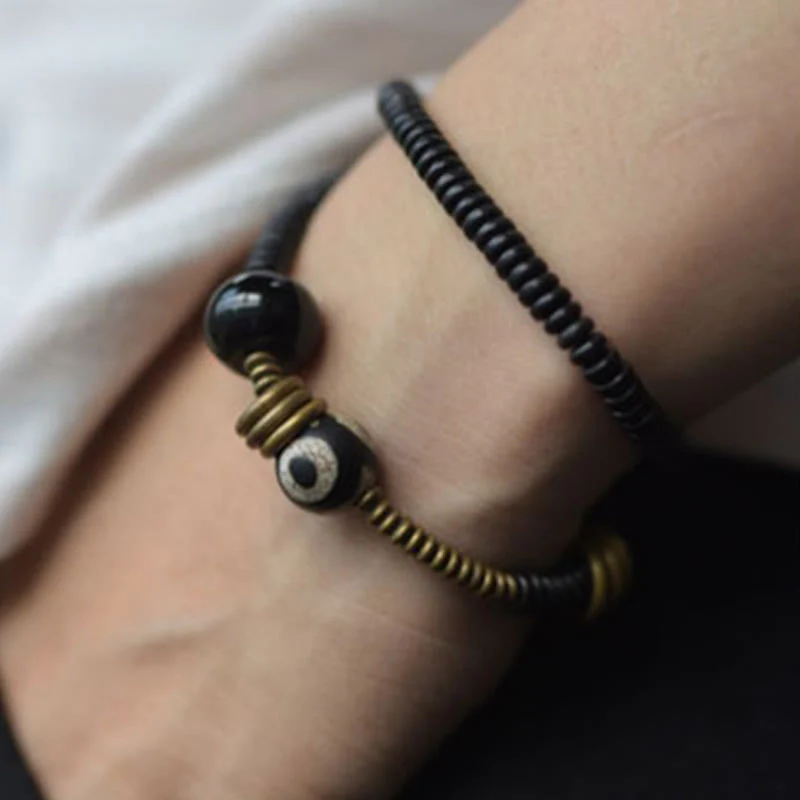 Buddha Stones Ebony Wood Green Sandalwood Copper Brass Dzi Bead Black Onyx Calm Double Wrap Bracelet