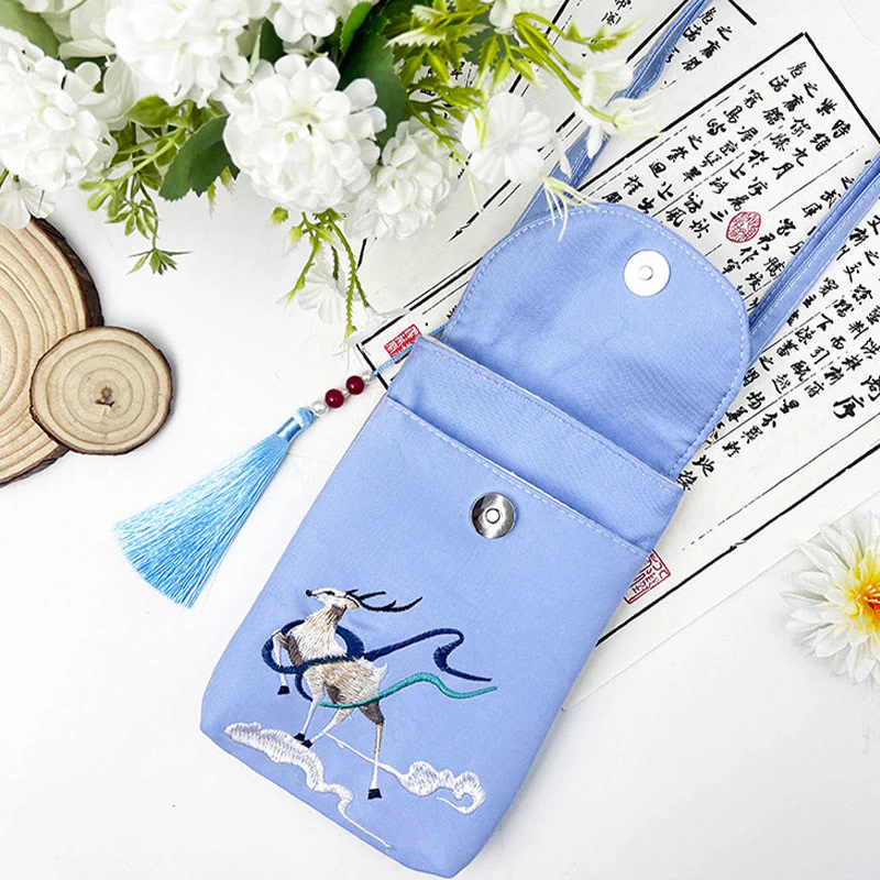 Buddha Stones Small Embroidered Flowers Crossbody Bag Shoulder Bag Double Layer Cellphone Bag