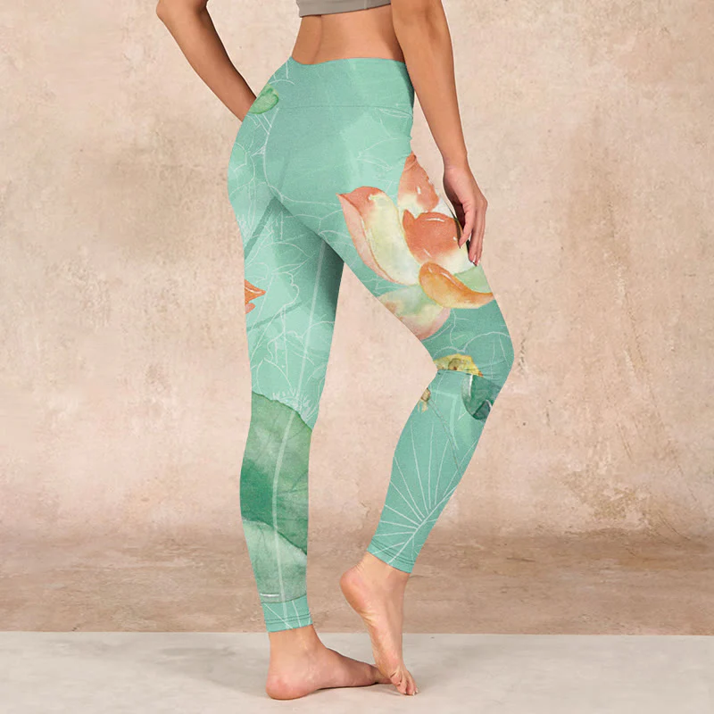 Buddha Stones Lotus Leaves Seed Pods Print Gym Leggings Women's Yoga Pants