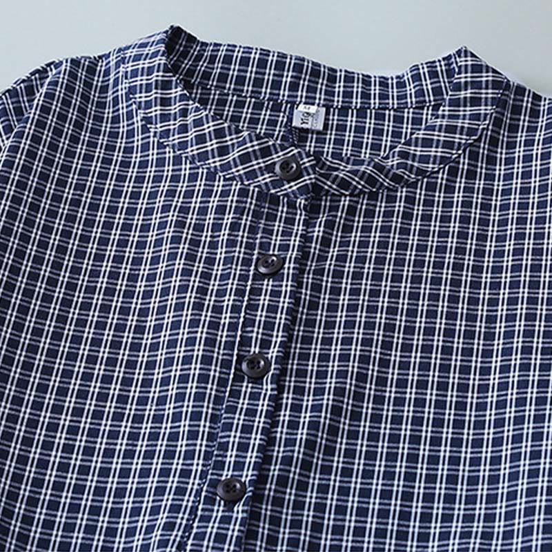 Buddha Stones Casual Plaid Buttons Lantern Long Sleeve Cotton Midi Dress