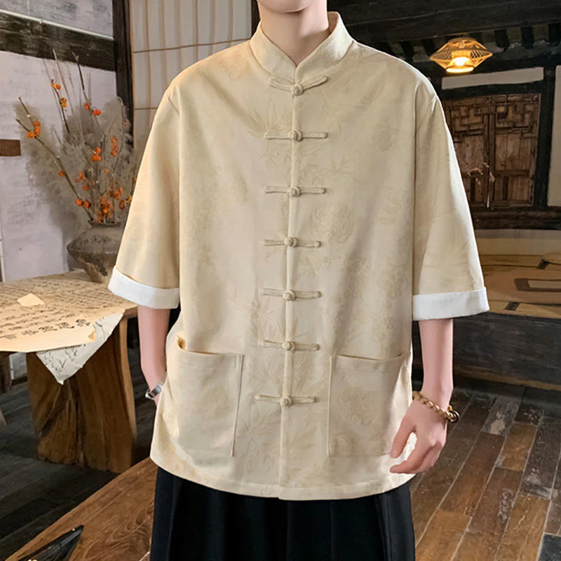 Buddha Stones Jacquard Bamboo Plum Bossom Pattern Chinese Frog-Button Design Men's Half Sleeve Cotton Shirt With Pockets