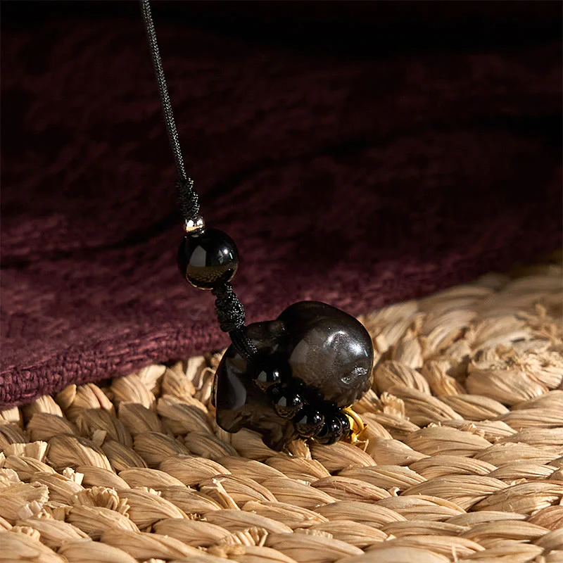 Buddha Stone Silver Sheen Obsidian Puppy Dog Fu Character Protection Necklace Phone Hanging Decoration