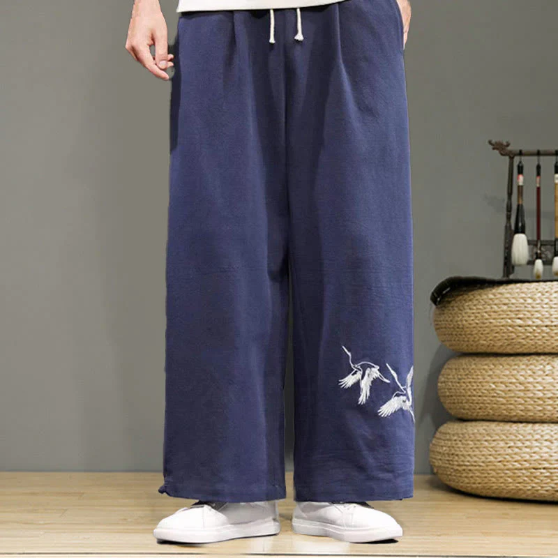 Buddha Stones Crane Embroidery Drawstring Men's Cotton Linen Wide Leg Pants With Pockets
