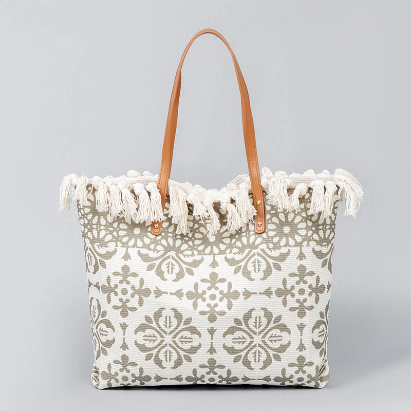 Buddha Stones Large Capacity Boho Geometry Print Tassel Canvas Tote Shoulder Bag