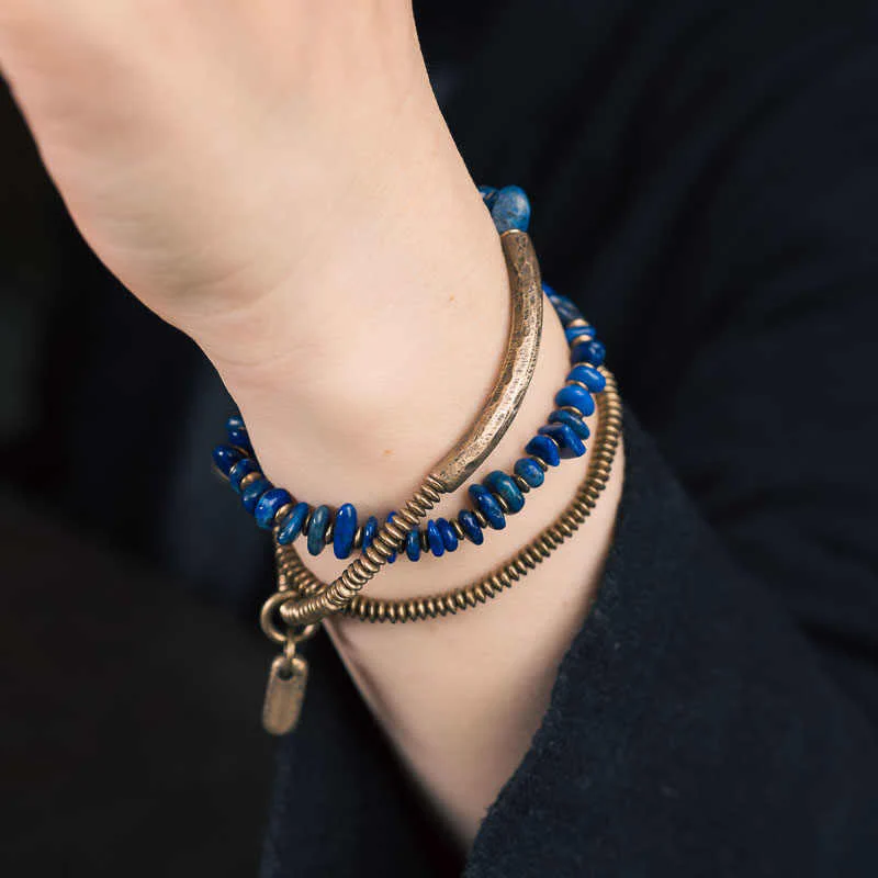 Buddha Stones Irregular Shape Triple Wrap Lazurite Balance Bracelet