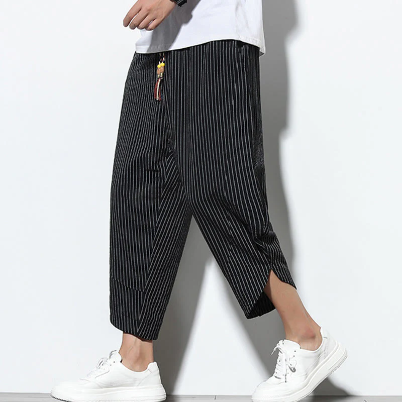 Buddha Stones Summer Stripes Pattern Drawstring Cotton Linen Men's 7-8 Length Harem Pants With Pockets
