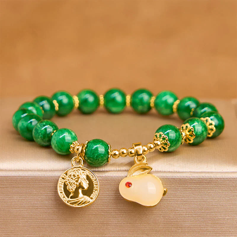 Buddha Stones Green Calcite Lovely Rabbit Charm Clarity Bracelet