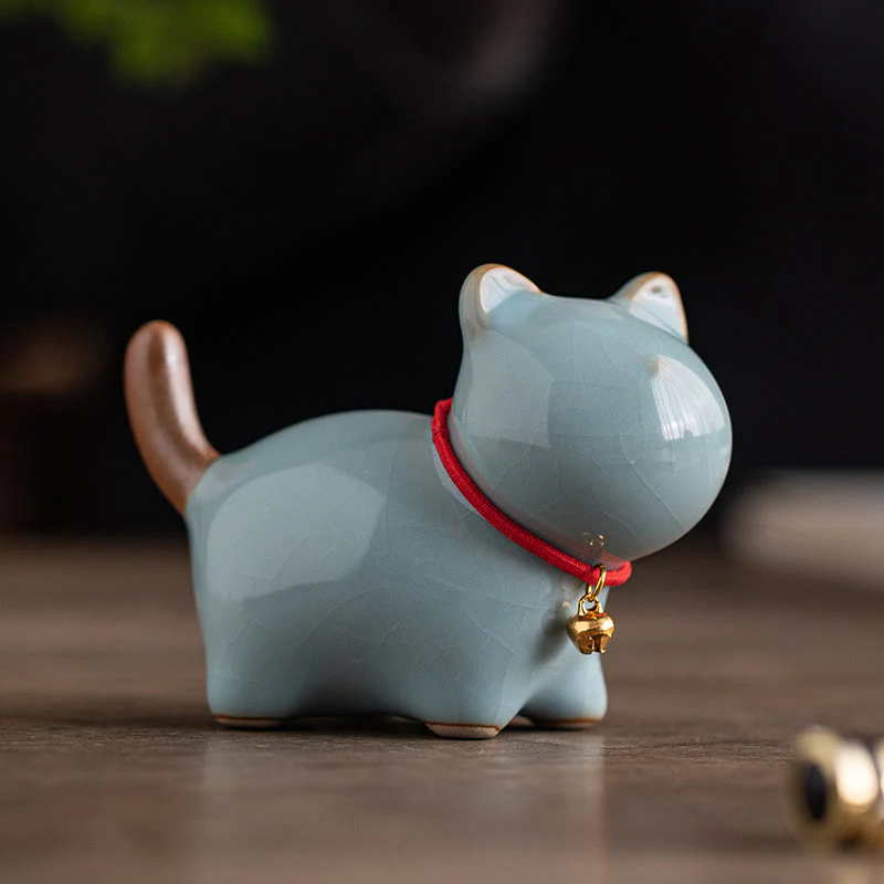 Buddha Stones Mini Lucky Cute Standing Cat Red Rope Bell Ceramic Figurine Decoration