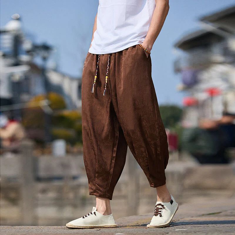 Buddha Stones Summer Character Embroidery Design Drawstring Men's 7-8 Length Pants With Pockets