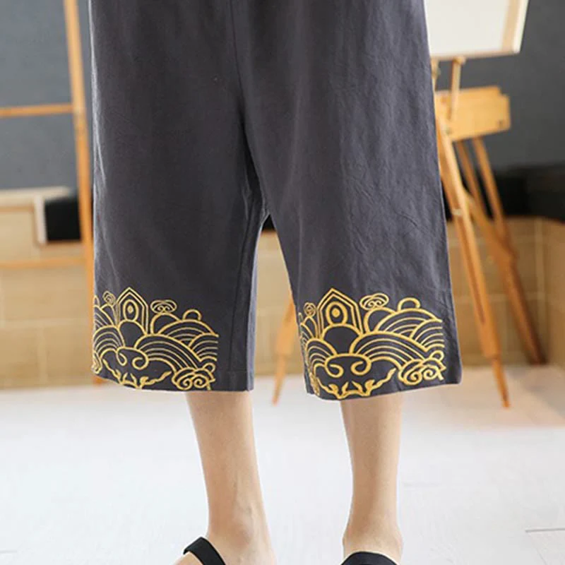 Buddha Stones Spring Casual Embroidery Drawstring Men's 7-8 Length Cotton Linen Harem Pants With Pockets