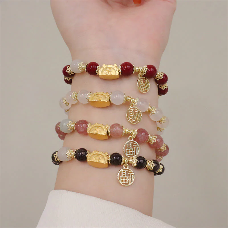Buddha Stones Year Of The Dragon Red Agate Strawberry Quartz Black Obsidian Jade Garnet Pearl Cinnabar Dumpling Dragon Luck Fu Character Bracelet