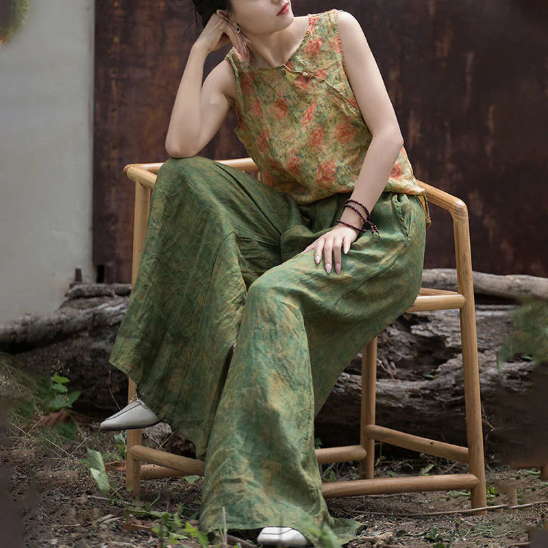 Buddha Stones Green Yellow Ramie Linen Flexible Waistband Wide Leg Pants With Pockets