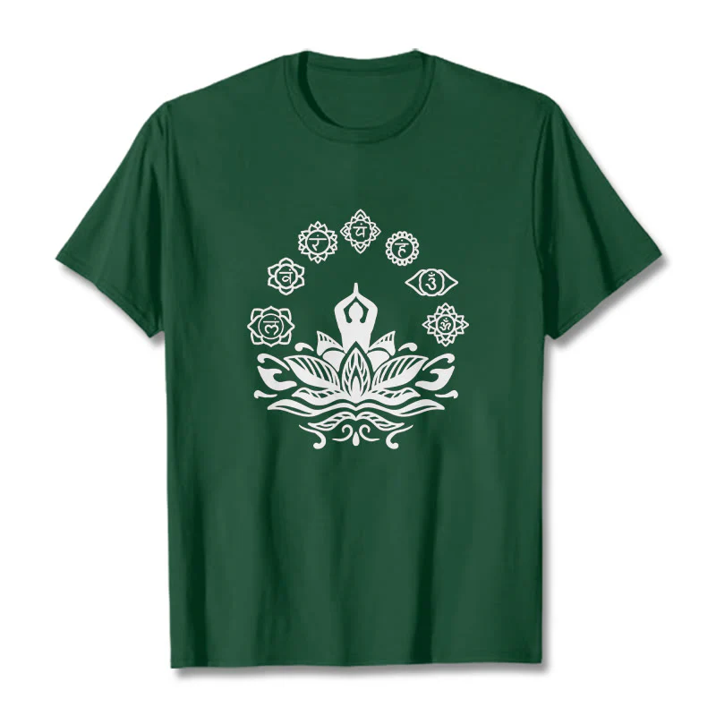 Buddha Stones Casual Meditating Figure Lotus Flower Seven Chakras Pattern Cotton Tee T-Shirt