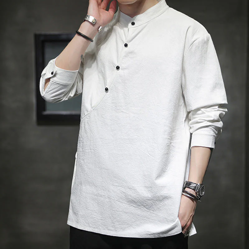 Buddha Stones Plain Lace-Up Simple Button Design Men's Long Sleeve Cotton Linen Shirt Clothing
