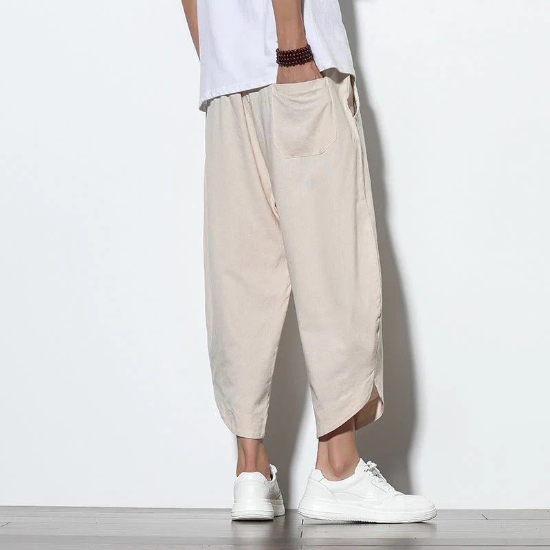 Buddha Stones Casual Summer Drawstring 7-8 Length Linen Men's Harem Pants With Pockets