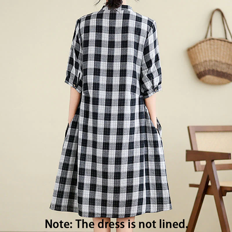 Buddha Stones Casual Plaid Pattern Half Sleeve Cotton Linen Midi Dress With Pockets