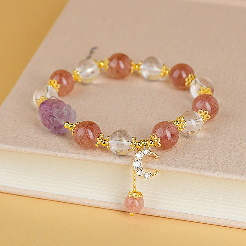 Buddha Stones Natural White Strawberry Quartz Crystal Healing Love Nine Tailed Fox Moon Pendant Bracelet