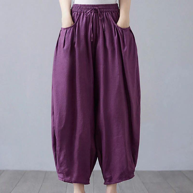 Buddha Stones Summer Plain Cropped Pants Women's Cotton Linen Harem Pants With Pockets