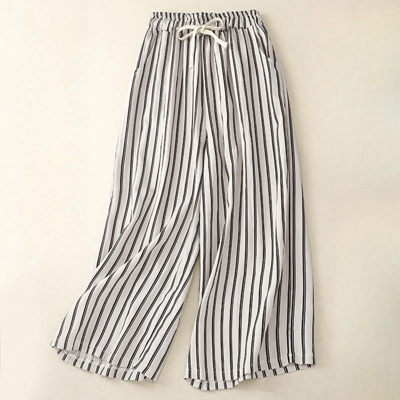 Buddha Stones Casual Acrylic Stripe Lace-up Women's Wide Leg Pants With Pockets