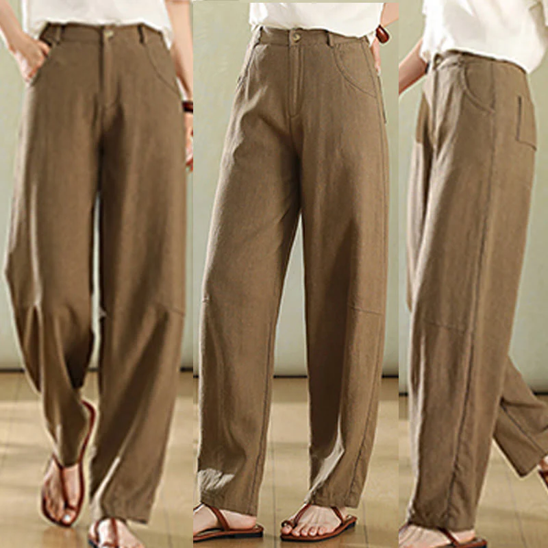 Buddha Stones Pure Color Buttons Women's Linen Pants With Pockets