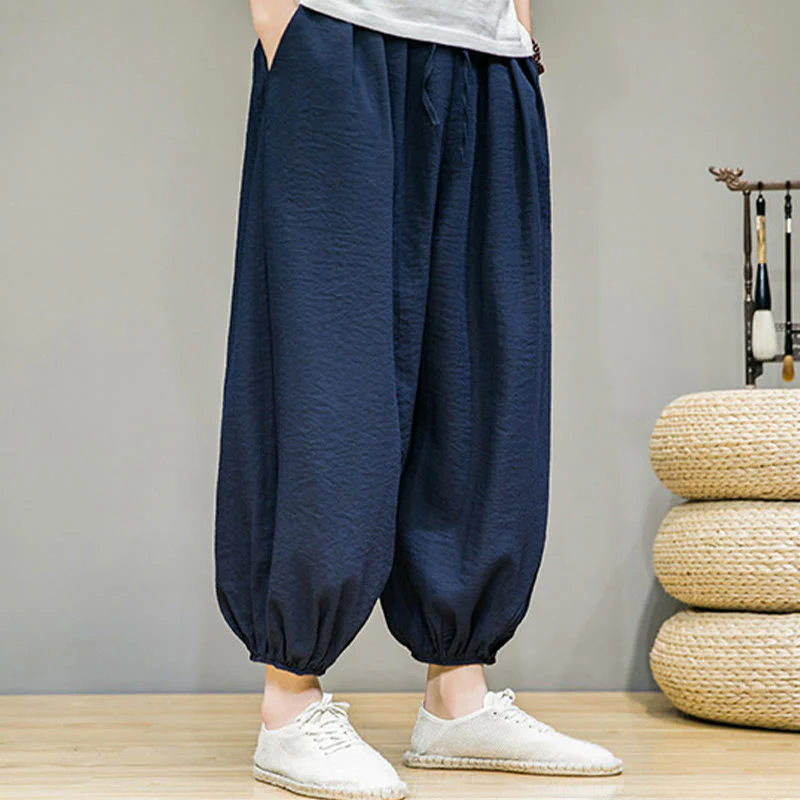 Buddha Stones Summer Plain Drawstring Men's Ankle-Length Cotton Harem Pants With Pockets