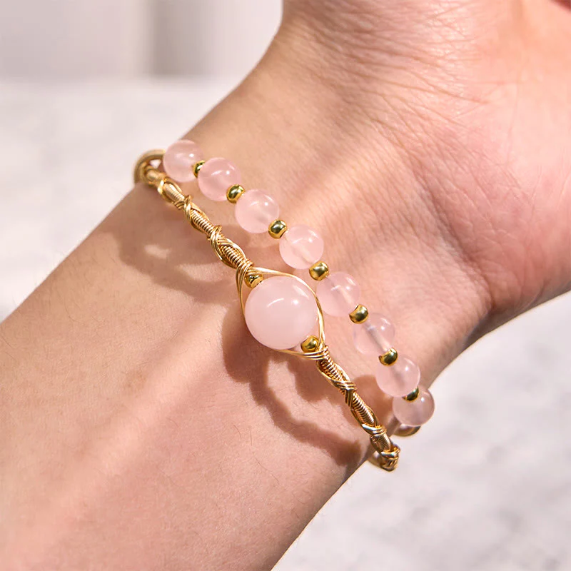 Buddha Stones Natural Rose Quartz Love Healing Metal Cuff Bracelet Bangle