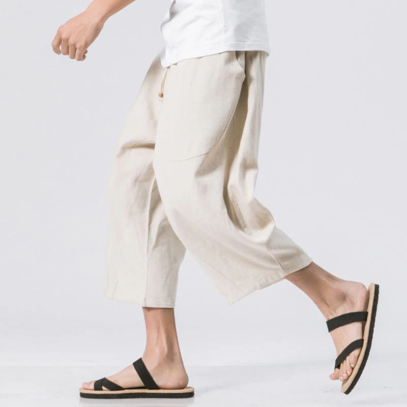 Buddha Stones Summer Casual Simple Plain Design 7-8 Length Men's Cotton Linen Drawstring Pants With Pockets