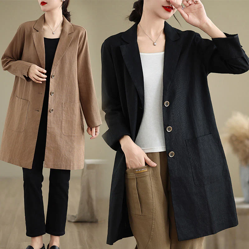 Buddha Stones Casual Fall Buttons Design Lapel Women's Cotton Linen Coat With Pockets