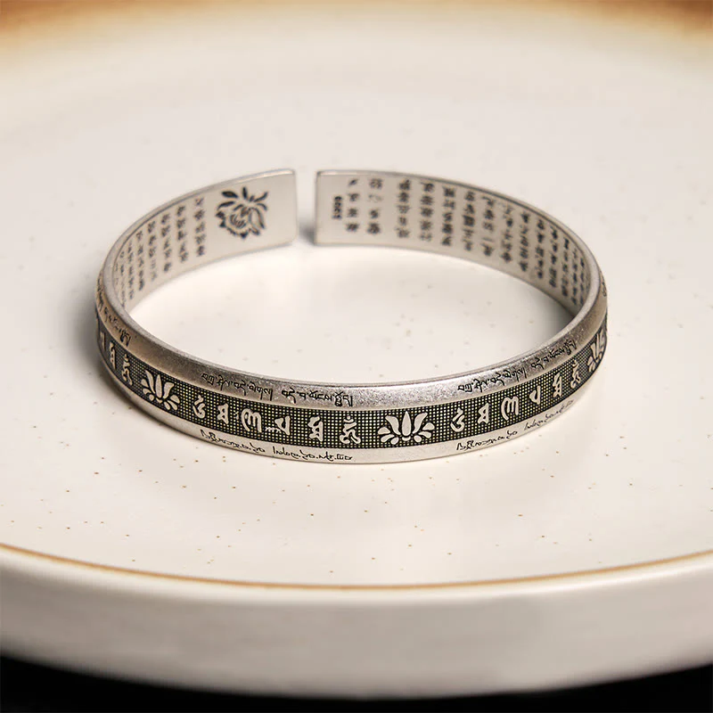 Buddha Stones Om Mani Padme Hum Heart Sutra Mantra Lotus Peace Meditation Cuff Bracelet Bangle