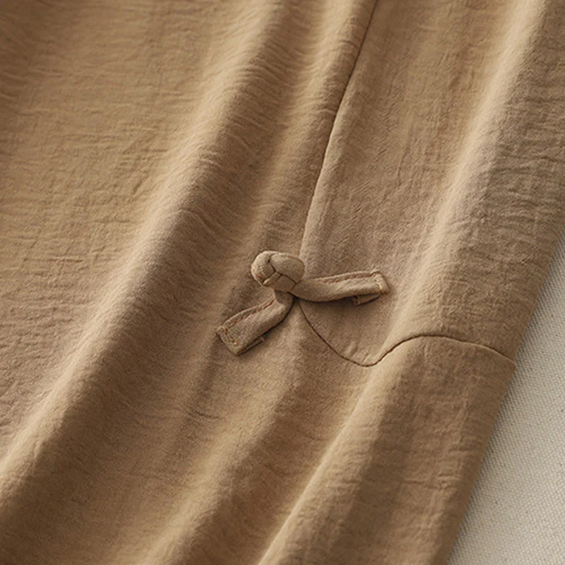 Buddha Stones Commute Casual Plain Frog-Button Design Women's Harem Cotton Linen 7-8 Length Pants With Pockets