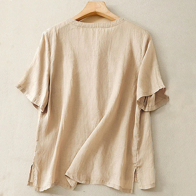 Buddha Stones Casual Women's Embroidered Flower V-neck Design Loose Half Sleeve Cotton Linen Shirt