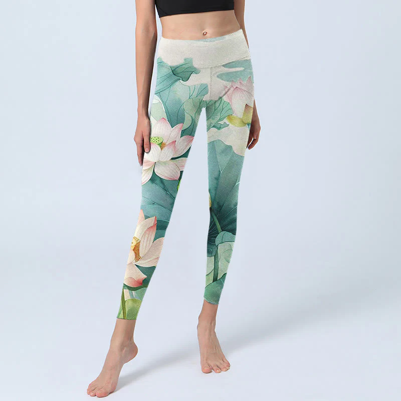 Buddha Stones Lotus Flowers Leaves Lotus Pods Pattern Print Gym Leggings Women's Yoga Pants
