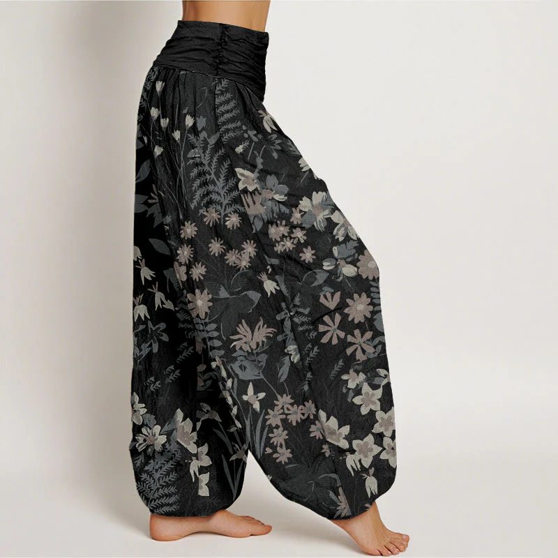 Buddha Stones Casual Daisy Flowers Leaves Design Women's Elastic Waist Harem Pants