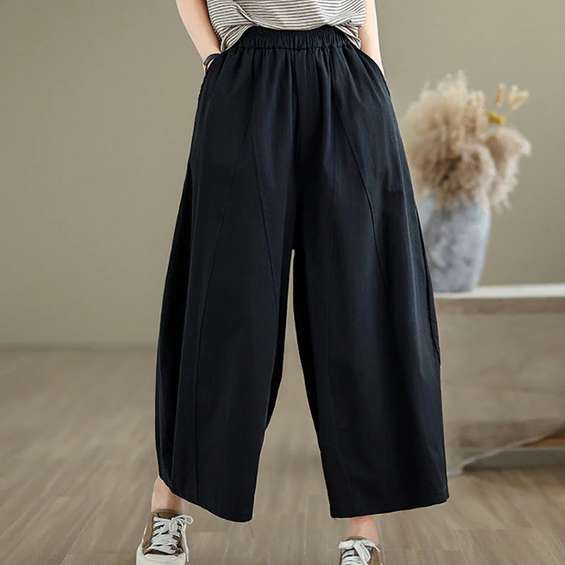 Buddha Stones Casual Plain Cotton Women's 7-8 Length Wide Leg Pants With Pockets