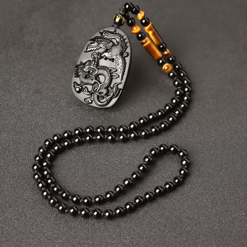 Buddha Stones Black Obsidian Tiger Eye Dragon Phoenix Protection Beaded Necklace Pendant
