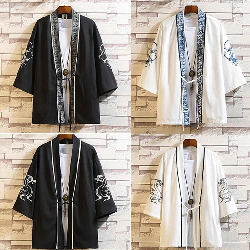 Buddha Stones Embroidery Dragon Phoenix Auspicious Cloud Waves Leaves Cranes Open Front Jacket Men's Kimono