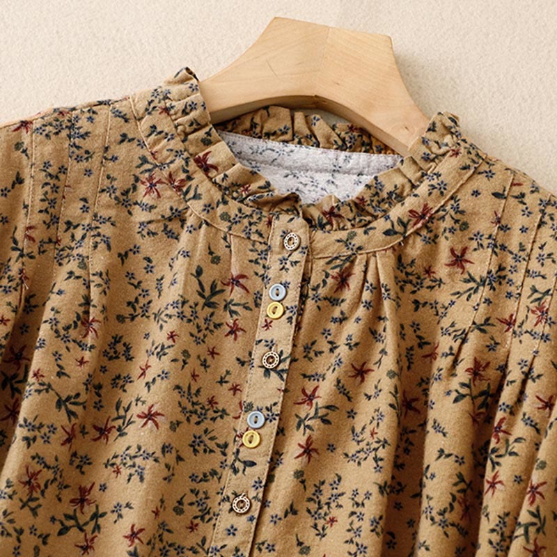 Buddha Stones Casual Florals Crew Neck Cotton Linen Women's Shirt