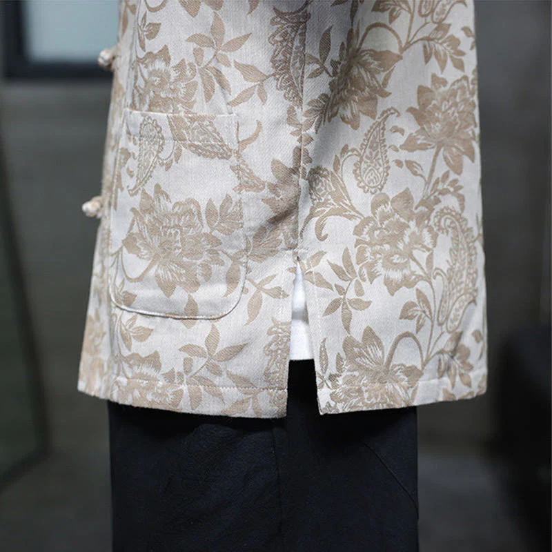 Buddha Stones Casual Jacquard Paisley Flower Plant Pattern Frog-Button Design Men's Cotton Shirt Cardigan With Pockets