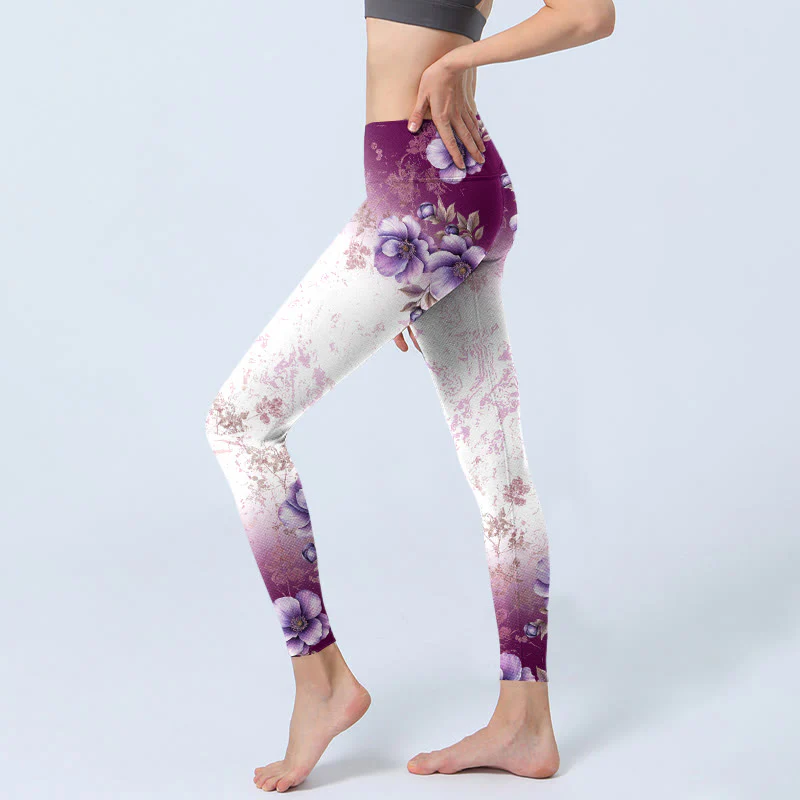Buddha Stones Purple Floral Print Gym Leggings Women's Yoga Pants