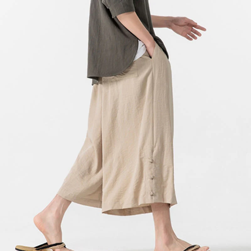 Buddha Stones Casual Loose Frog-Button Plain Men's Cotton 7-8 Length Wide Leg Pants With Pockets