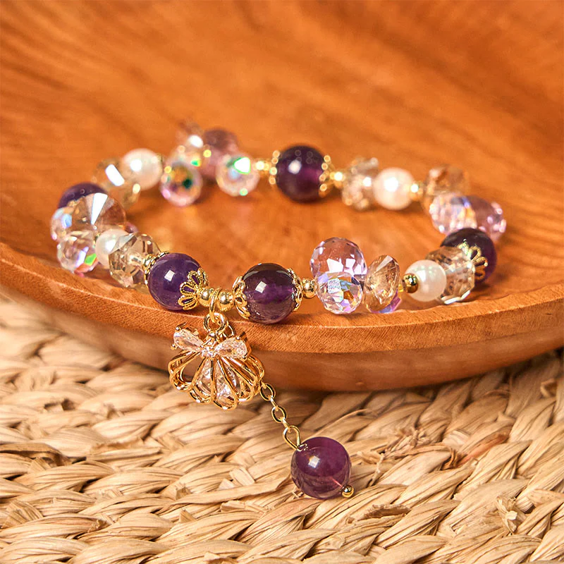 Buddha Stones Natural Amethyst Citrine Pearl Shell Peace Bracelet
