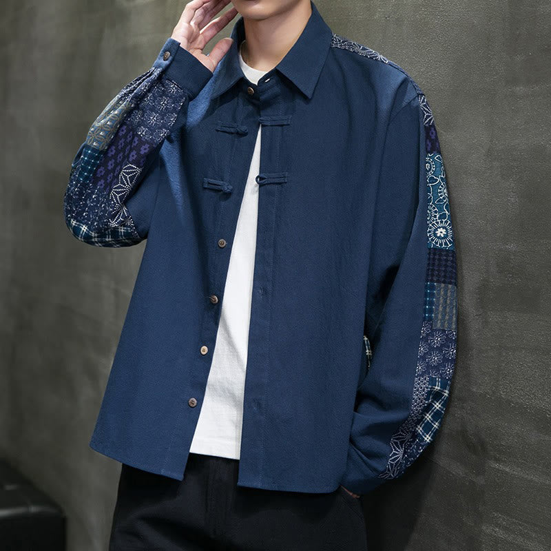 Buddha Stones Men's Flower Pattern Stitching Cotton Blend Long Sleeve Shirt