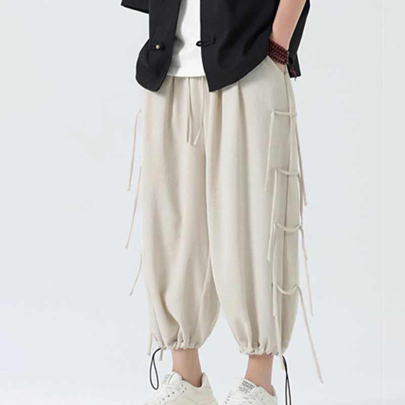 Buddha Stones Casual Loose Lanyard Design Waist Rope Men's 7-8 Length Spandex Pants With Pockets