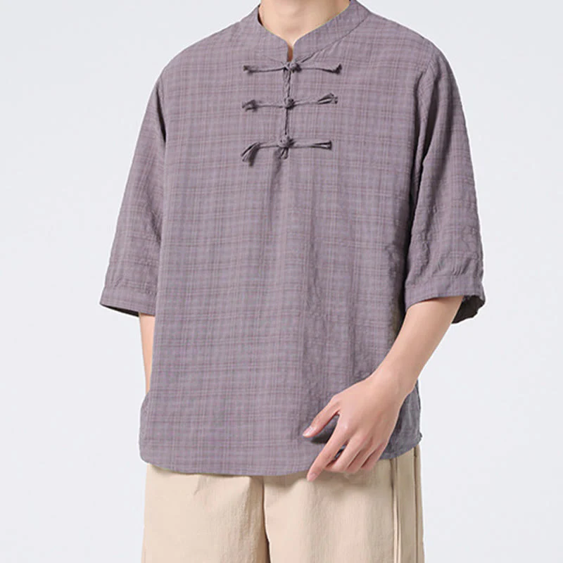 Buddha Stones Frog-Button Plaid Pattern Chinese Tang Suit Half Sleeve Shirt Cotton Linen Men Clothing