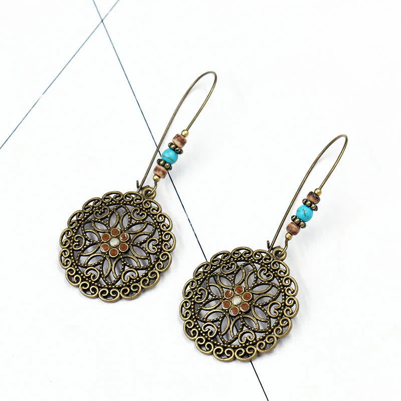 Buddha Stones Round Flower Design Luck Dangle Drop Earrings