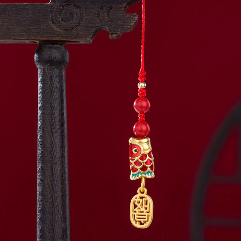 Buddha Stones Koi Fish Cinnabar Attracting Wealth Wish Ruyi Charm Luck Phone Hanging Decoration