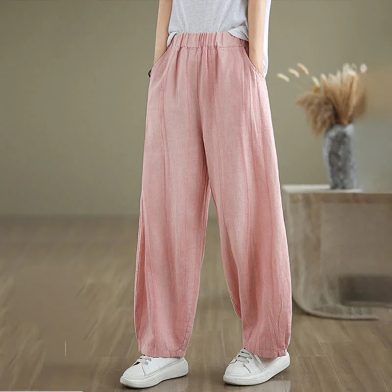 Buddha Stones Casual Plain Women's Cotton Linen Harem Pants With Pockets