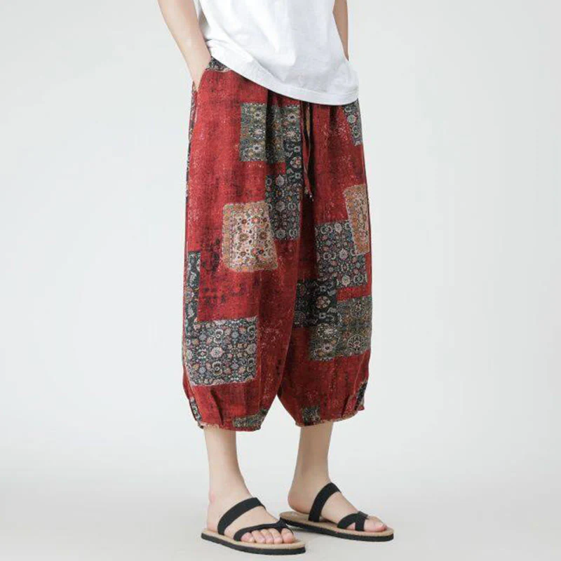 Buddha Stones Summer Square Patchwork Elephant Mandala Geometry Cotton Linen Men's 7-8 Length Pants With Pockets