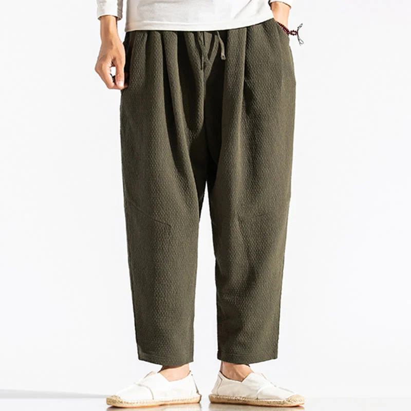 Buddha Stones Casual Pure Color Men's Jacquard Cotton Linen Harem Pants With Pockets